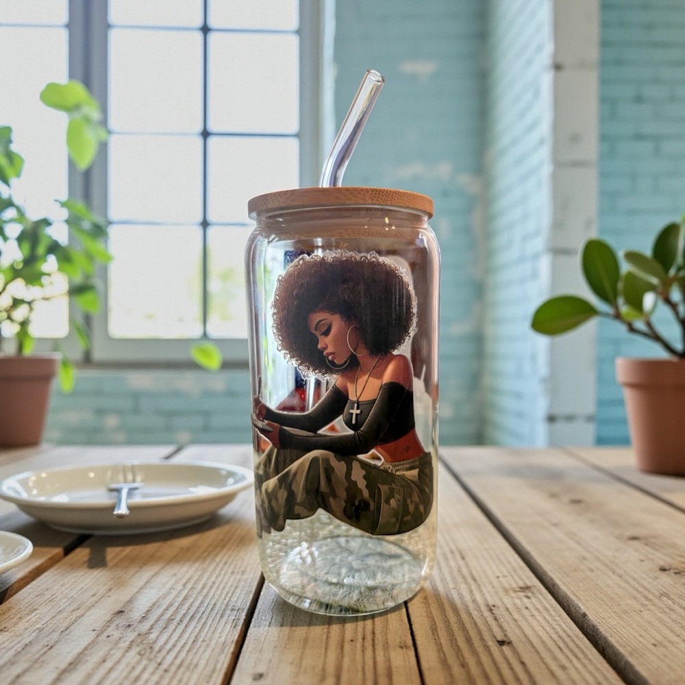 Glass Water Bottle with Bamboo Lid and Straw